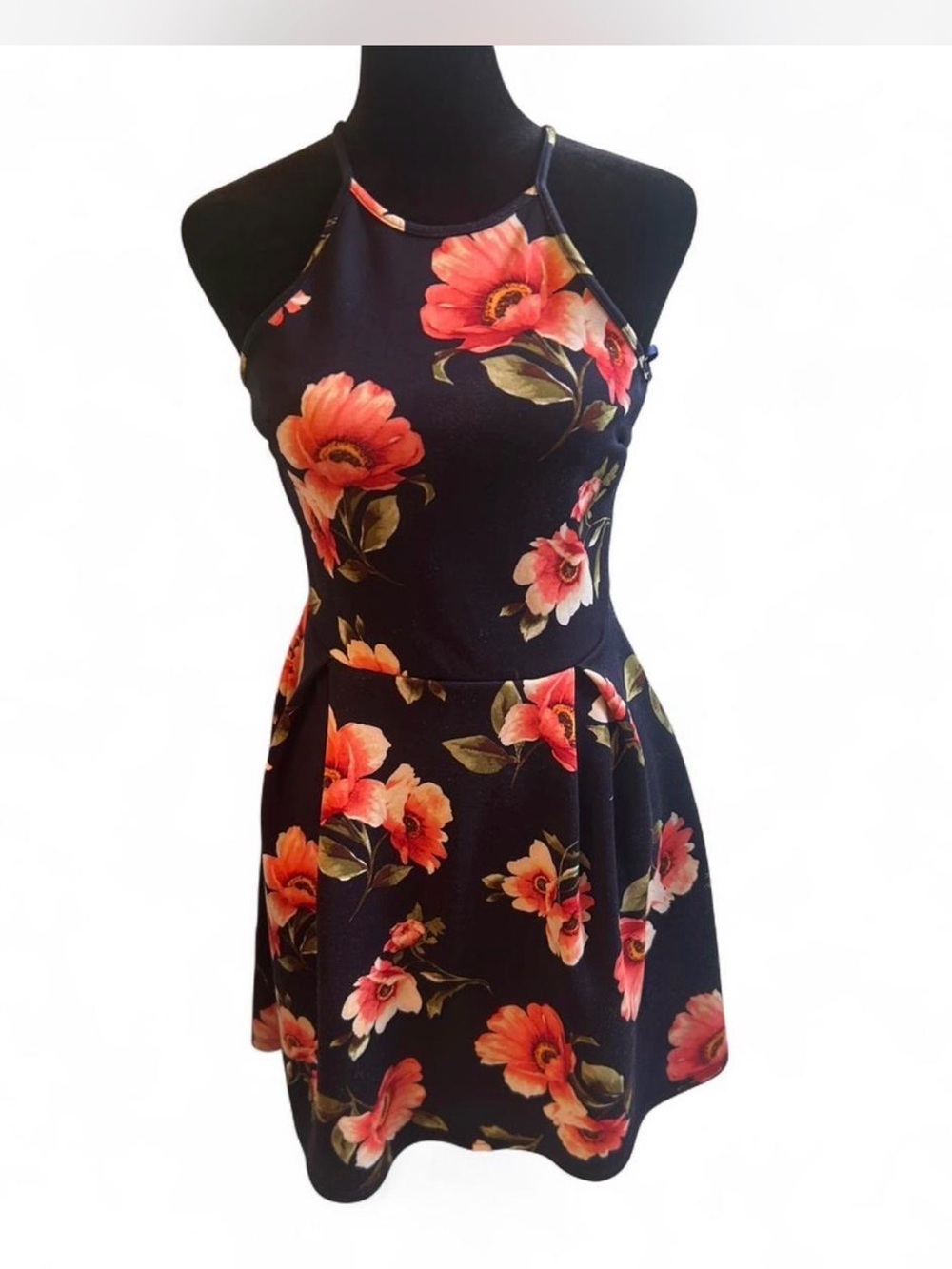 Monteau Black Floral Knit Fit & Flare Halter Sleeveless Mini Dress XS
